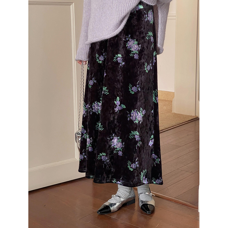 [Wisteria Love Language] Song Ming Retro Velvet Printed Skirt Women's Autumn New A- word Mid-length Skirt Y3679F