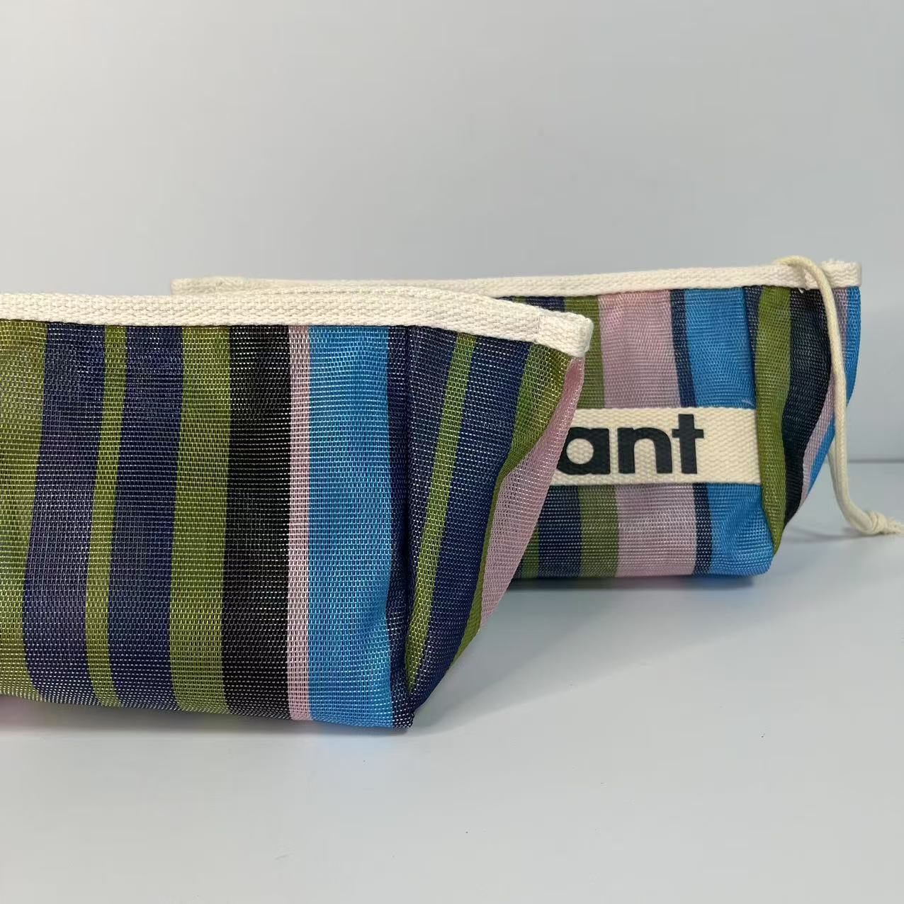 블루, 그린, 핑크 스트라이프 밀짚 (화장품가방)