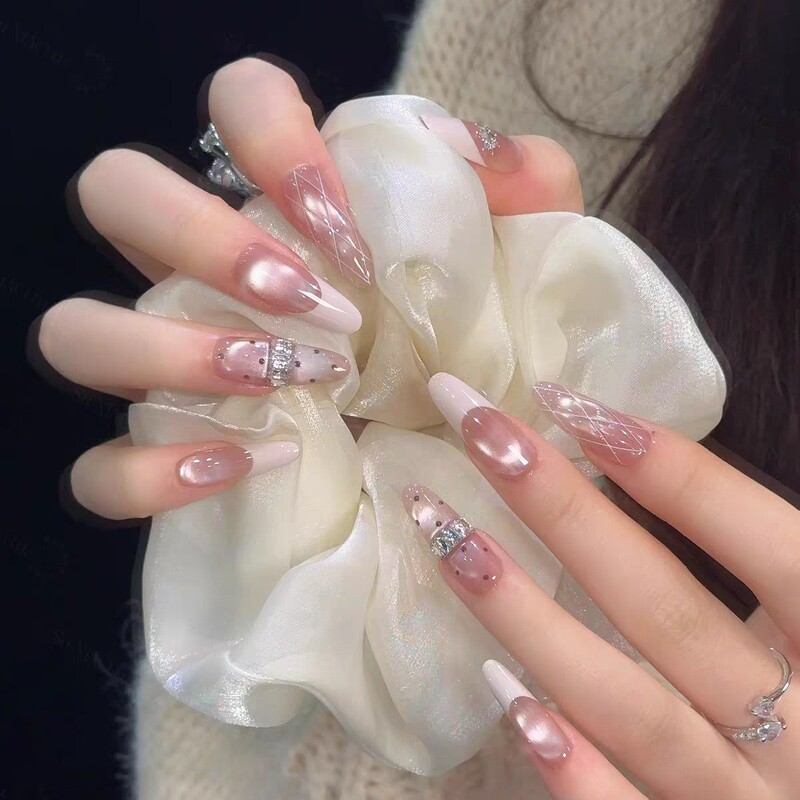 New Style Gentle and Elegant Nude Pink Cat-Eye Nail Stickers with French Polka Dots and Diamond Pattern, High-Quality Texture Nail Patches