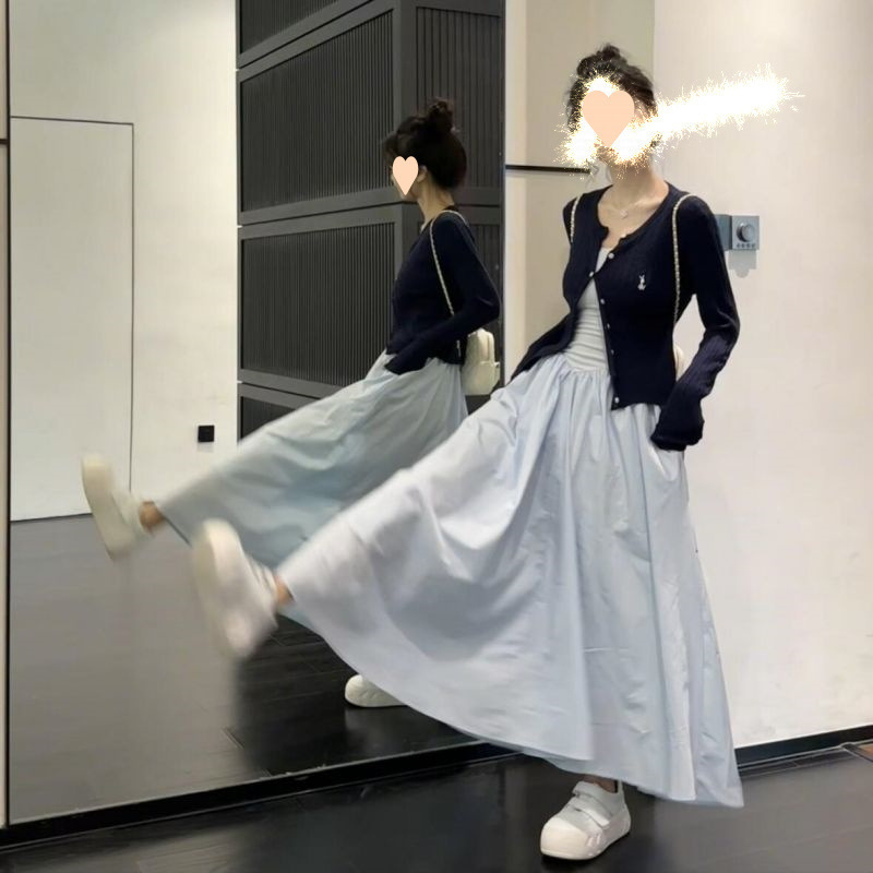 法式气质穿搭套装女时尚复古针织衫外套毛衣吊带连衣裙裙子两件套|undefined