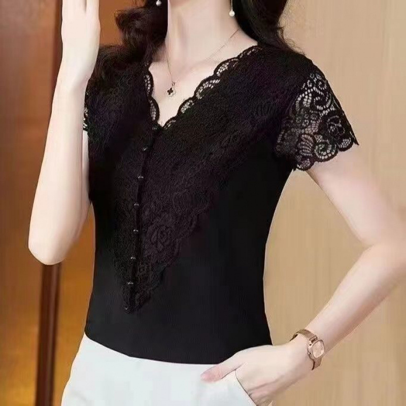 女性用の新しい夏の半袖シャツ、レースのインナートップ、ボトムシャツ、お腹をカバーするファッショナブルなスリムキャミソール|undefined