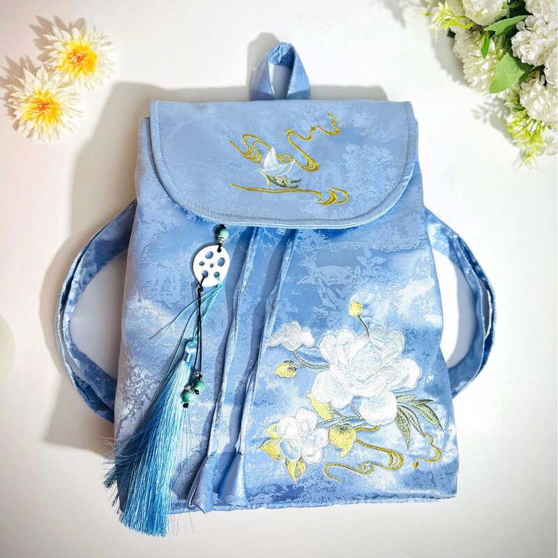 Han Element Embroidered Backpack for Women Spring and Summer Cream Color Antique Style Backpack Han Dynasty Casual Versatile National Trend Travel Bag