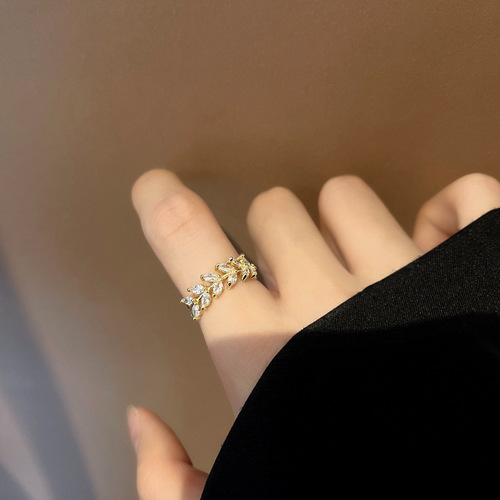 Open adjustable zircon leaf ring for women ins trendy fashion simple personalized design index finger ring bracelet