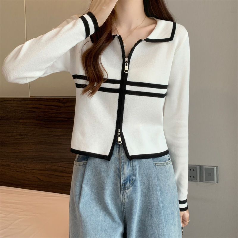 Hong Kong style retro chic versatile short zippered cardigan top for women's autumn new color matching striped polo shirt