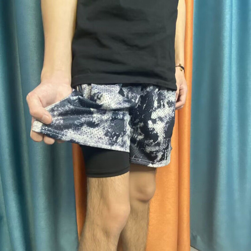 LE American Double-layer Shorts Camouflage with Inner Lining Running Basketball Pants Casual Quarter Pants Men's Trend Brand Foreign Trade