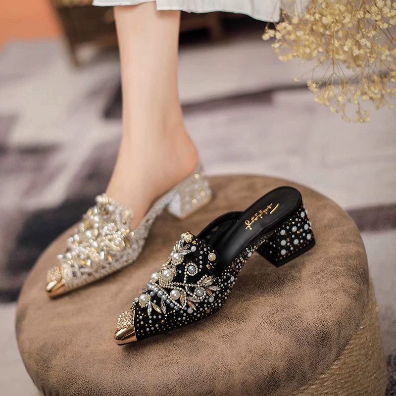 Баотоу тапочки женщины носят весенние и летние новые сетчатые пряжи на толстых каблуках ручной работы