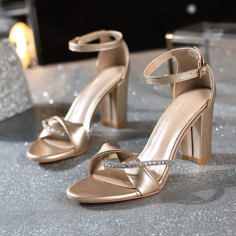 Gold Thick Heel Sandals for Women, Comfortable High Heels, Small Size Shoes, Summer New Large Size Plus Fat and Widened Women's Shoes 41 42