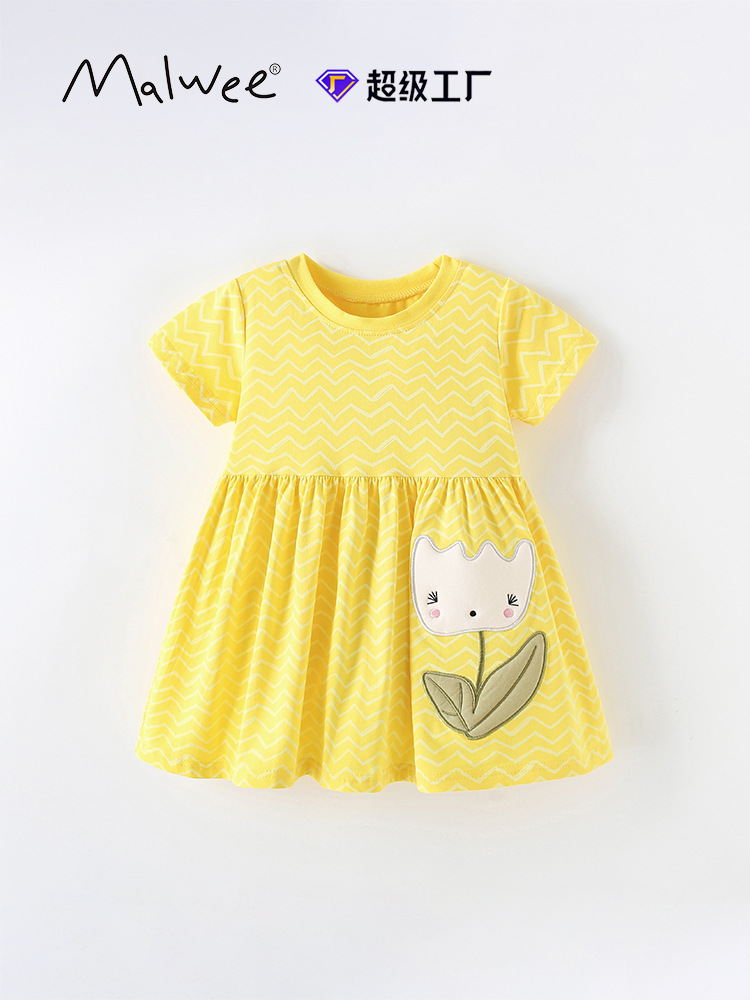 Falda de niña malwee transfronteriza verano cuello redondo manga corta nuevo vestido de niña de estilo occidental para niños pequeños y medianos europeos y americanos