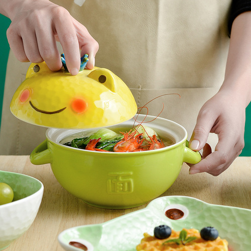Japanese and Korean cartoon cute frog color glaze ceramic bowl and plate set with handle salad instant noodle bowl household children's rice bowl