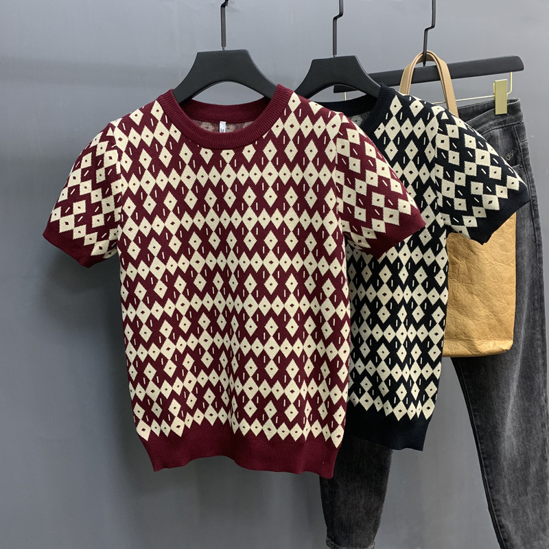Autumn and Winter Men's Rhombus Slim Short-Sleeved Knitwear Jacquard Round Neck Contrasting Color Slim Fashion Half-Sleeved Bottoming Shirt Trendy