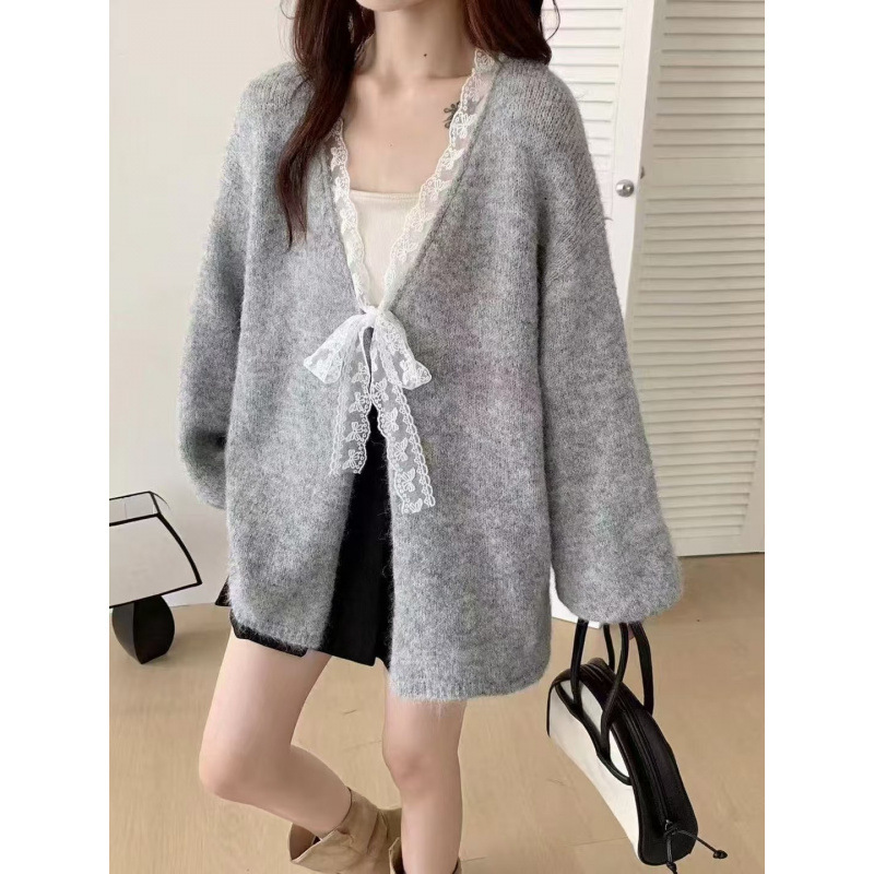 YS蕾丝蝴蝶结拼接宽松长袖毛衣女秋冬新款慵懒风甜美针织衫上衣|undefined