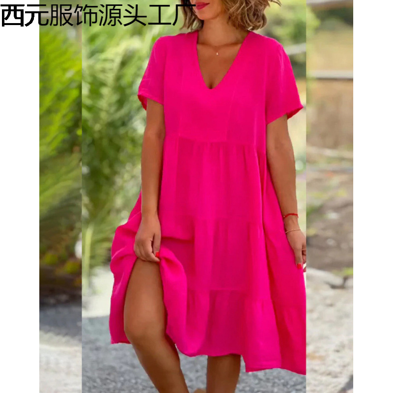 European and American Summer New Women's Clothing Fresh and Sweet V Neck Pure Color Large Hem Casual Short Skirt Dress
