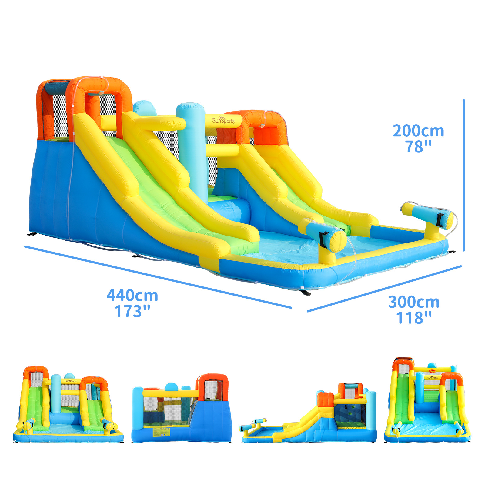 Sunsports nuevo tobogán inflable para niños al aire libre gran castillo inflable para niños rociado doble tobogán piscina