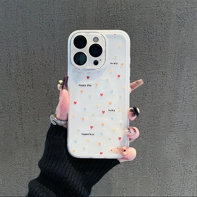 多巴胺小爱心金属镜框适用苹果15/16pro手机壳iPhone14精孔13防摔|undefined