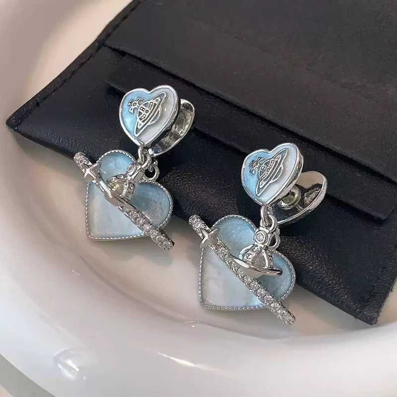 轻奢风西太后土星环爱心吊坠耳钉蓝色高级感小众设计一款多戴耳饰