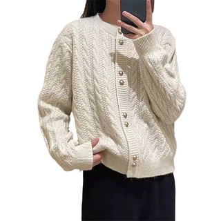 新款韩版早秋高级感时尚麻花圆领针织开衫慵懒风气质毛衣女外套
