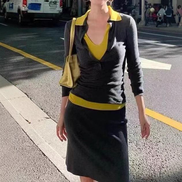 甜酷风POLO领撞色假两件长袖针织衫女秋季设计感修身显瘦气质上衣|undefined