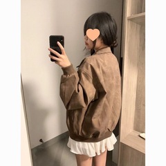 棕色翻领外套女PU皮春秋季2025夹克新款上衣美式复古休闲学生