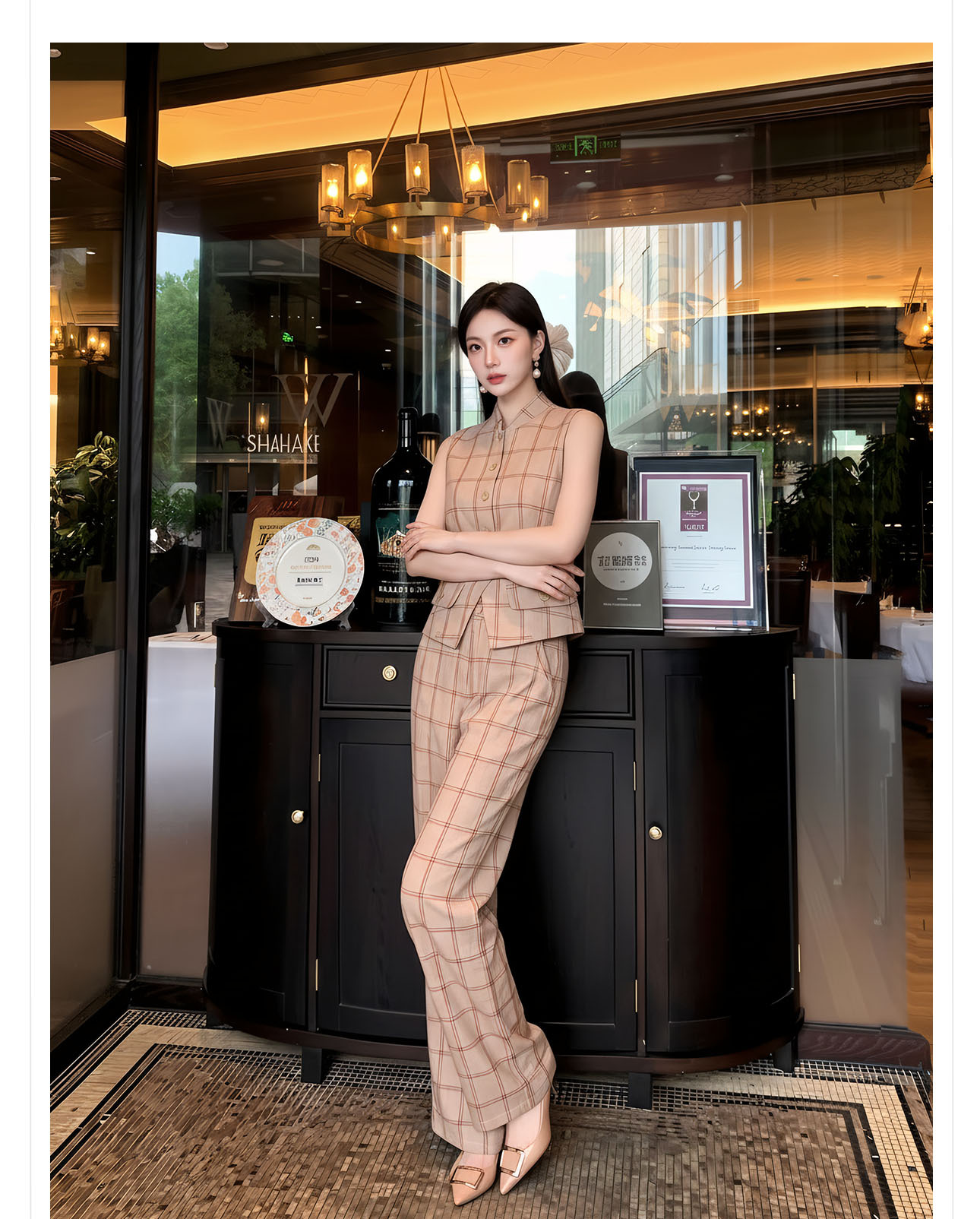 Bộ áo gile + quần dài nữ họa tiết kẻ caro thiết kế cổ điển, cài khuy vải, phối quần ống rộng — bộ đồ, Trang chủ, Quần dài chi tiết 7