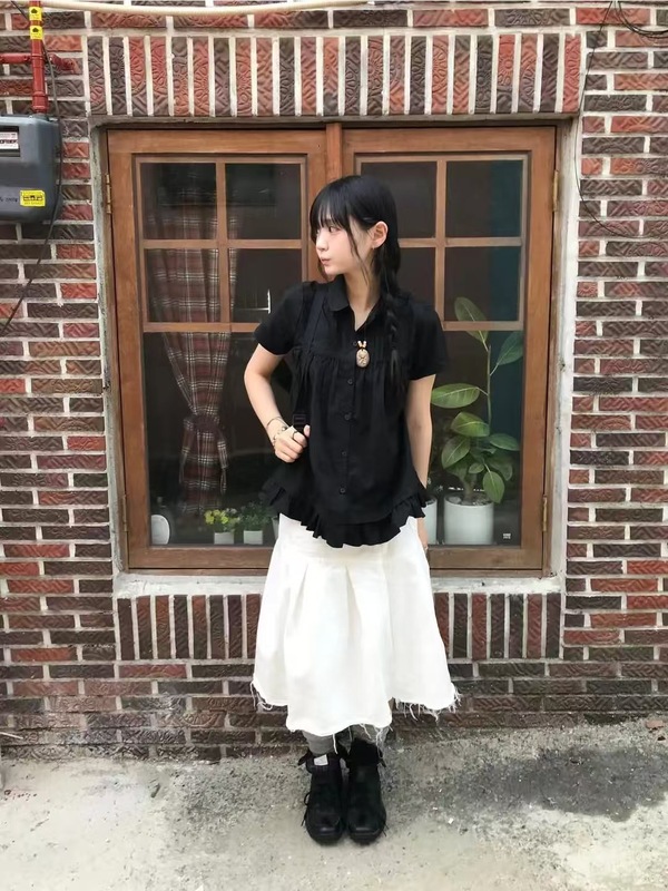 韩系翻领甜美辣妹修身显瘦百搭减龄花边拼接短袖衬衫上衣|undefined