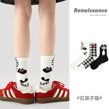 Renaissance原创女袜春夏季黑白格子中筒袜卡通猫咪精梳棉袜子女