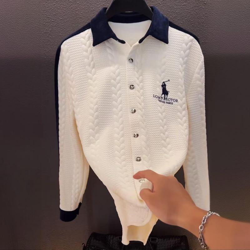 2025 Autumn Hot Style Patchwork Embroidered Lapel T-Shirt Fashionable Casual Light Luxury Long Sleeve Cardigan Sweater Handsome Men