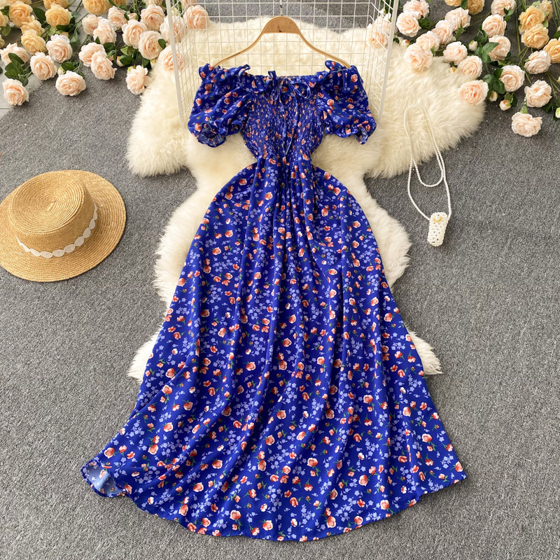 Fresh Style French Retro Fairy Slimming Floral Dress High Waist Drawstring Pleated Waist Slimming Long Dress Fresh Style French Retro Fairy Slimming Floral Dress High Waist Drawstring Pleated Waist Slimming Long Dress