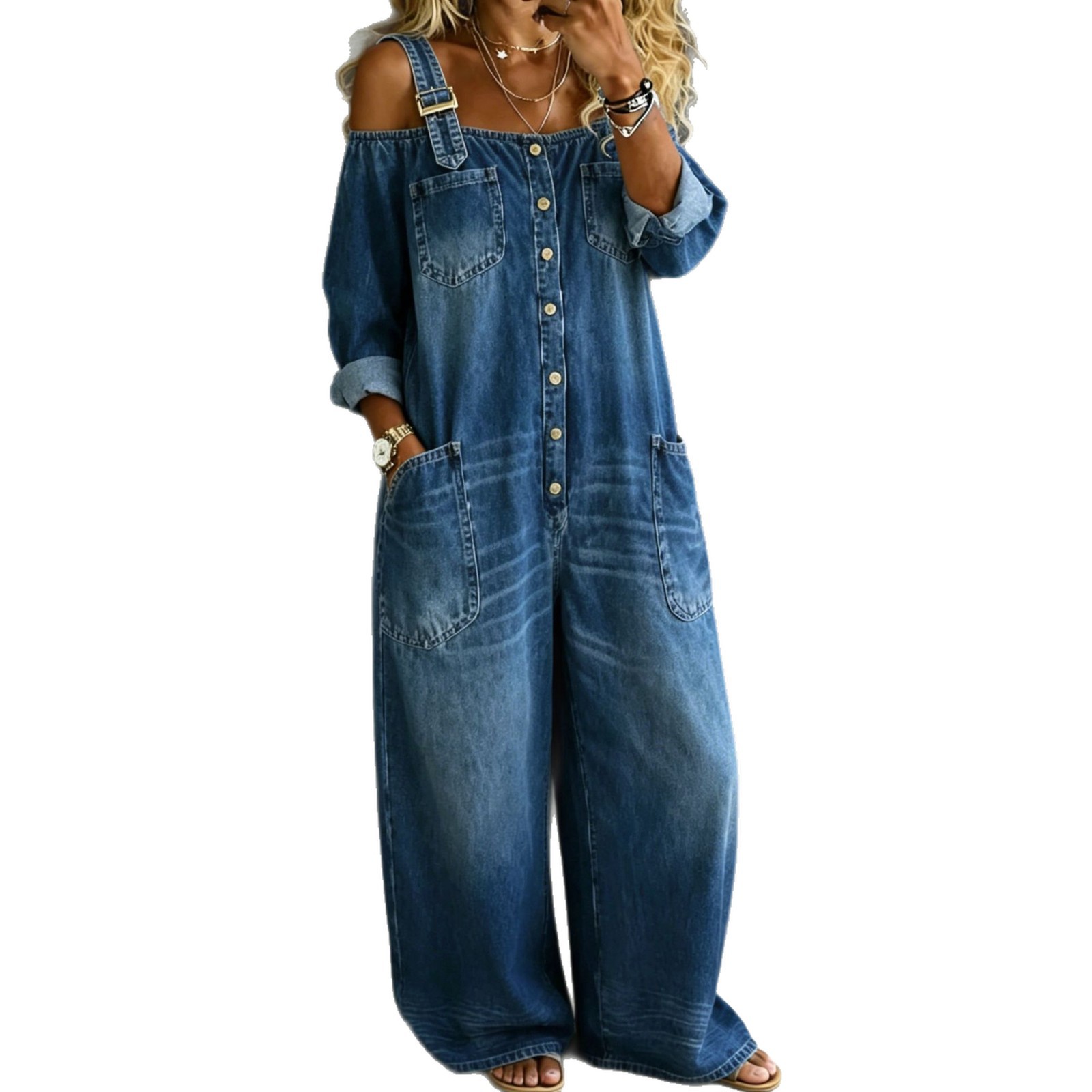 Women's Off-Shoulder Wide Leg Jumpsuit Single Row Button Casual Spring Summer Romper_ecoleips.com