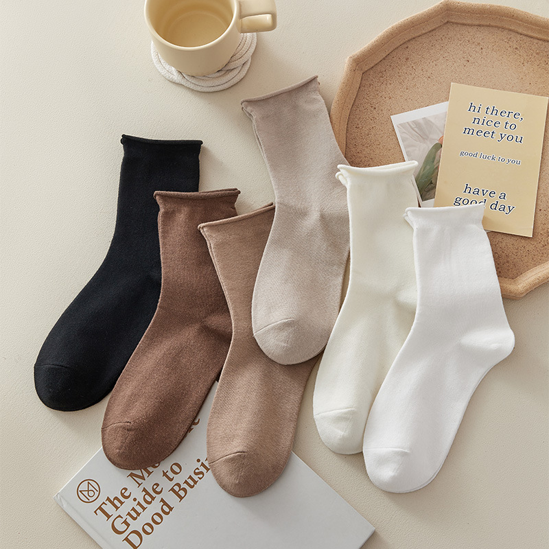 Curled boneless socks women's mid-length socks spring and summer pure cotton white stacked socks loose mouth pregnant women's confinement stockings