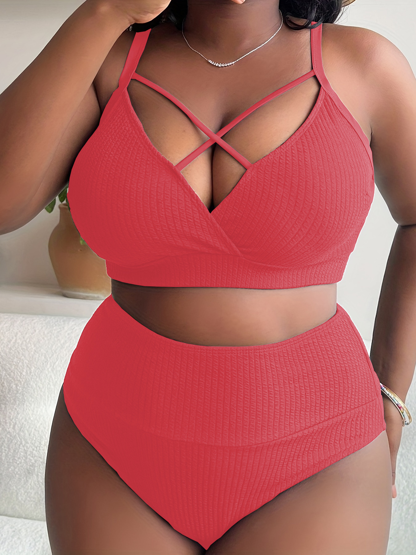New European And American Foreign Trade Sexy Solid Color High-Waisted Bikini Swimsuit For Plus-Size Women P005_ecoleips.com