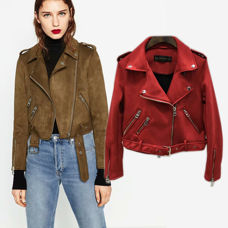 2021 Autumn Foreign Trade New European Style Slim Fit Zipper Decorated Suede Jacket Short Women's Leather Coat
