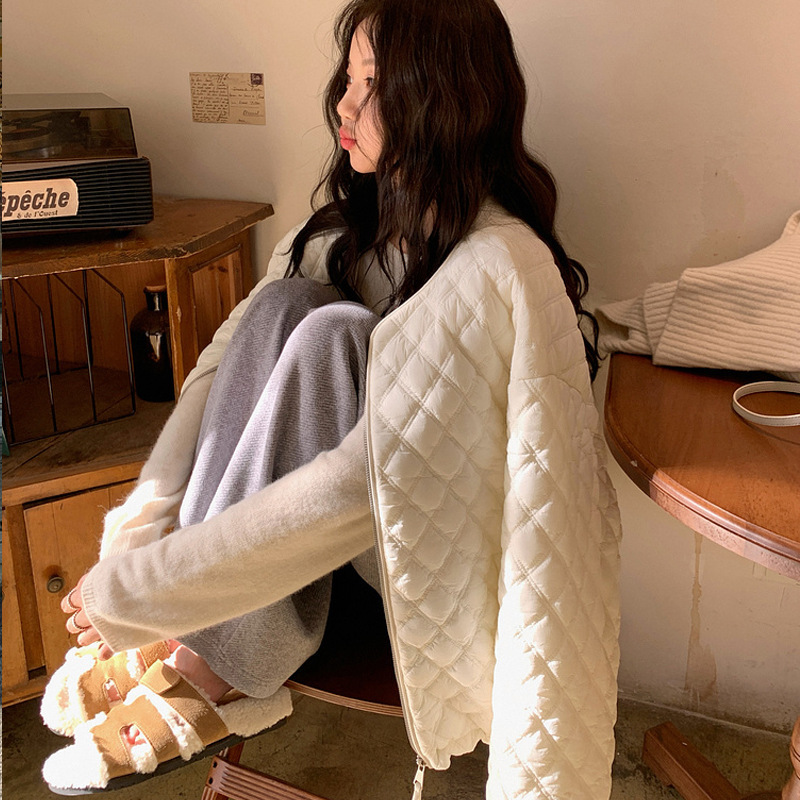宽松大码加厚棉服韩版秋冬防风软糯保暖菱格拉链羽绒棉衣女外套|undefined