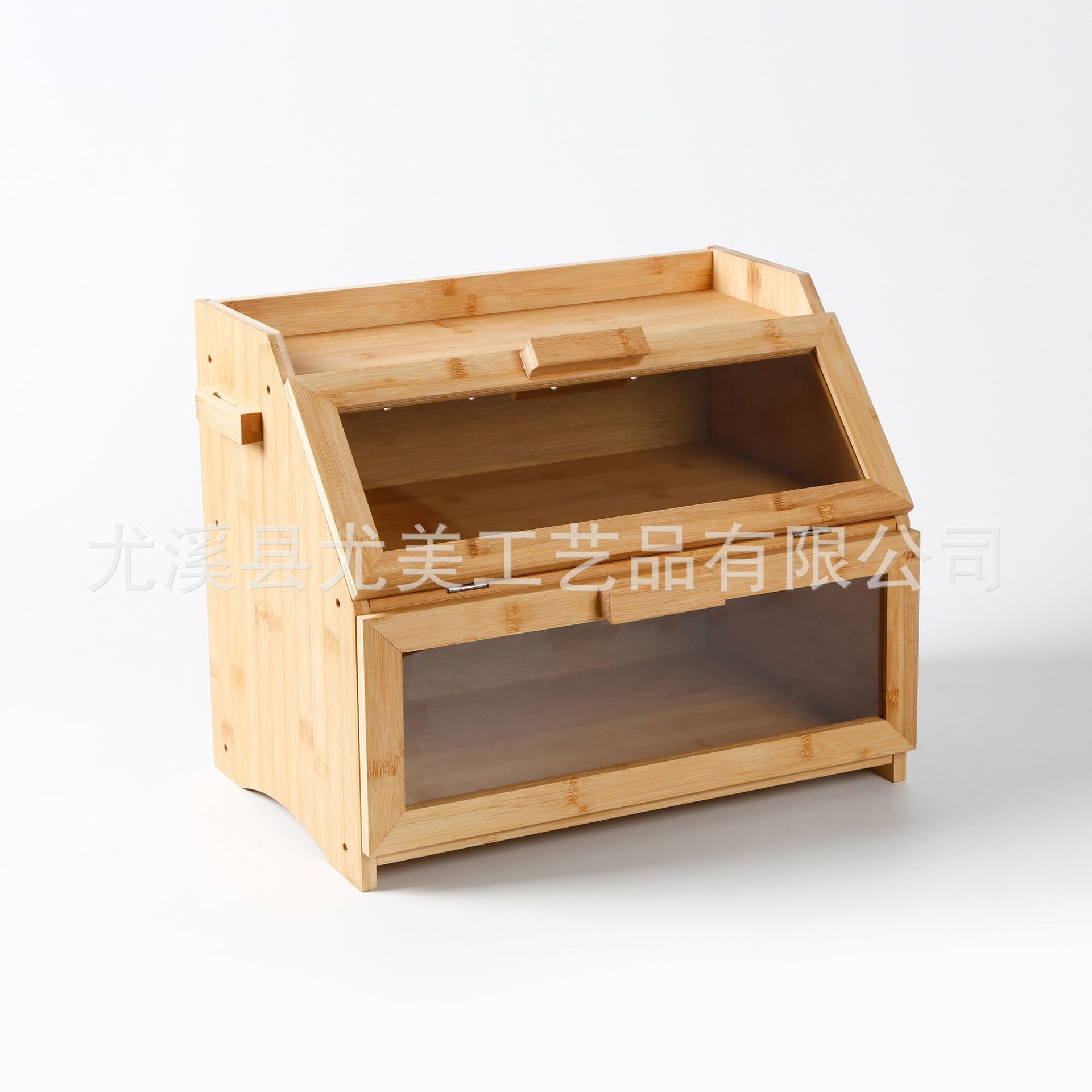 Caja de pastel de madera transfronteriza caja de almacenamiento de pan caja de pan de bambú con caja de almacenamiento de doble capa de cocina de vidrio transparente