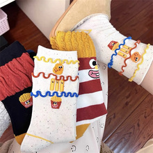韩国东大门汉堡薯条中筒袜子女搞怪可爱条纹卡通涂鸦袜堆堆袜