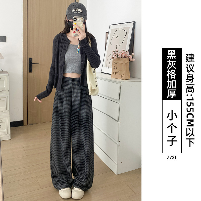 黑色格子裤子女2025新款宽松bf慵懒风休闲垂感早秋直筒毛呢阔腿裤|undefined