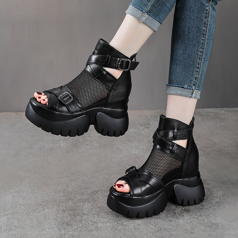 Sandal cao gót nữ mũi hở đế xuồng da bò cao cổ phong cách La Mã — màu đen