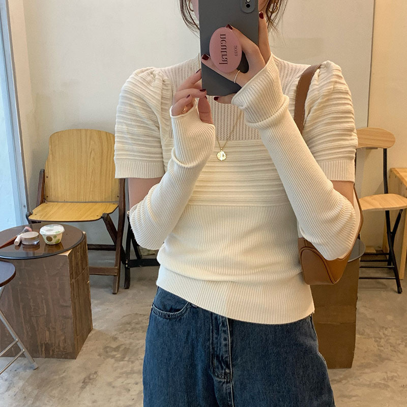 Autumn Knitted Sweater Women's New Half-turtleneck Pit-striped Sleeve Stitching Sweater Inner Base Unique Chic Small Top