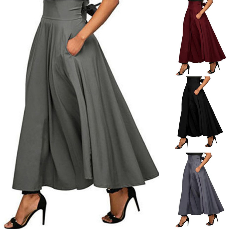 Women's Spring Midi Skirt Solid Color Lace Up Ankle Cinching A-Line Long Skirt European American Style Casual Polyester_ecoleips.com