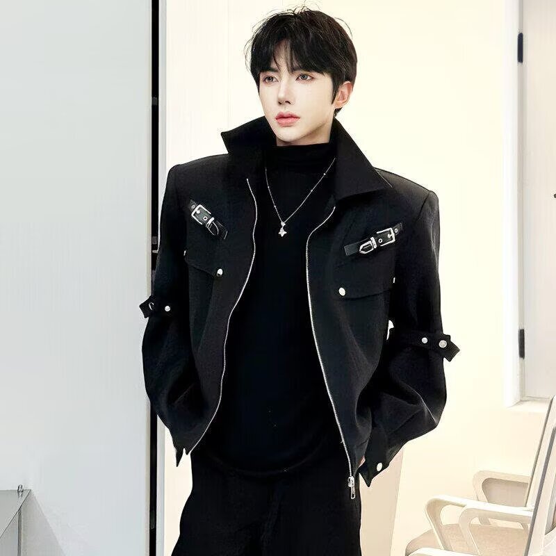 American-Style Metal Zipper Deconstructed Design Jacket for Men, Trendy Brand, New Spring and Autumn Black Short Padded Shoulder Jacket American-Style Metal Zipper Deconstructed Design Jacket for Men, Trendy Brand, New Spring and Autumn Black Short Padded Shoulder Jacket