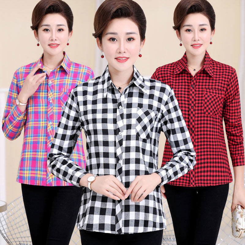 Middle-aged and Elderly Casual Spring and Autumn Cotton Korean-style Loose All-match Women's Sunscreen Jacket Summer Long-sleeved Plaid Shirt for Women