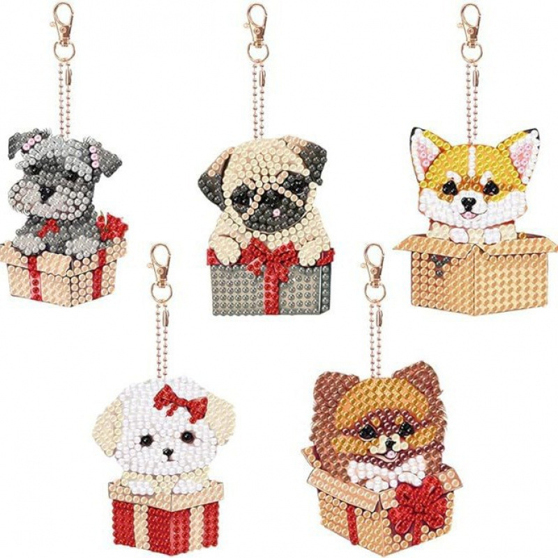 5D礼品盒小狗5件装DIY钻石绘画钥匙圈双面钻石绘画钥匙扣吊坠礼物