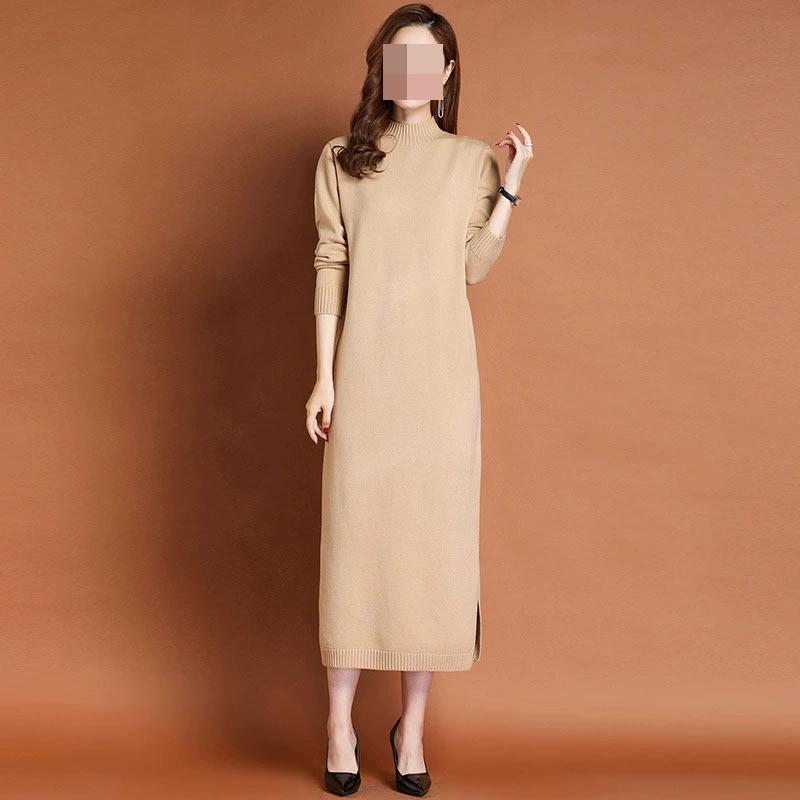 Осенне-зимнее новое пальто, базовая юбка, платье-свитер до колена, свободное вязаное платье в Корейском стиле с вырезом до локтя, женское