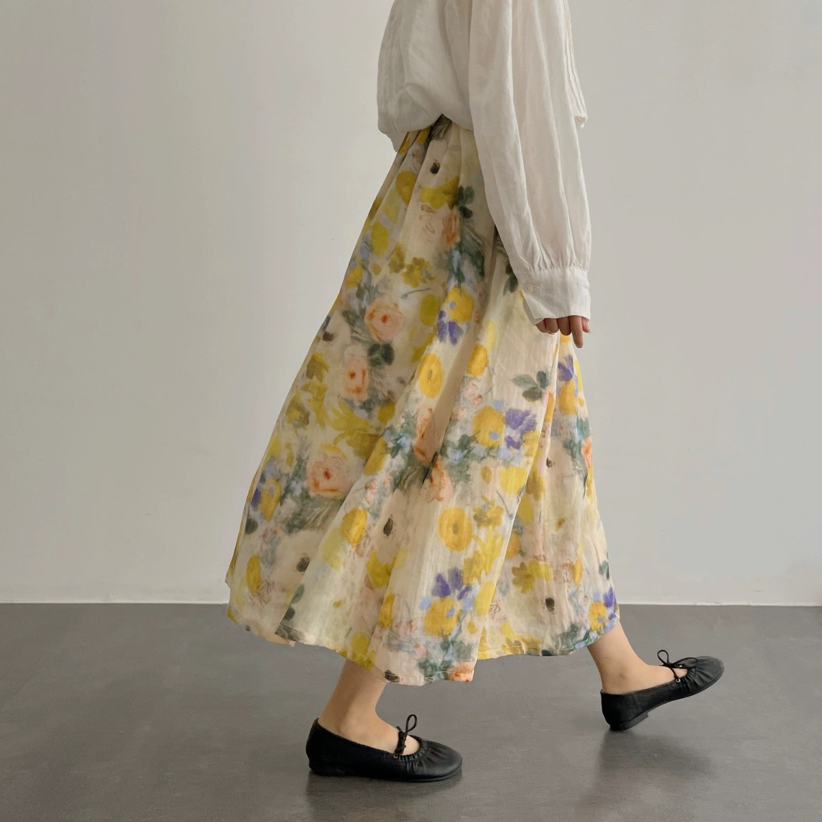 Garden Dream High Count Ramie Filter Oil Painting Smudged Style A-Line Mid-Length Skirt Spring and Summer Homemade