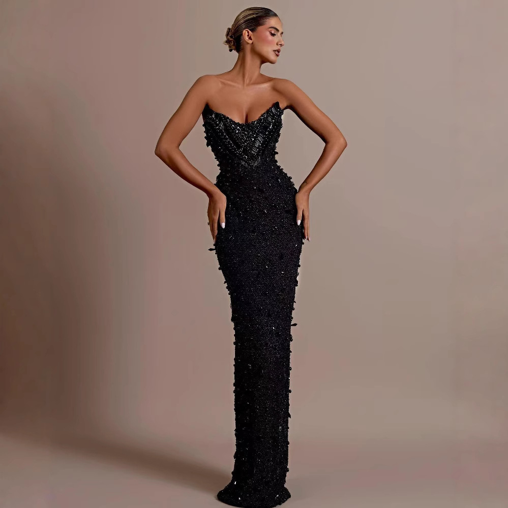 European and American Style Summer Ladies New Black Sexy Strapless Beaded Sequins Slim-fit Long Evening Dress Elegant Banquet