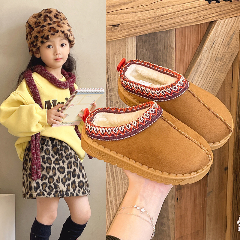 Winter children's warm shoes, indoor and outdoor baby slippers, furry closed-toe shoes, snow boots, ethnic style soft-soled cotton slippers