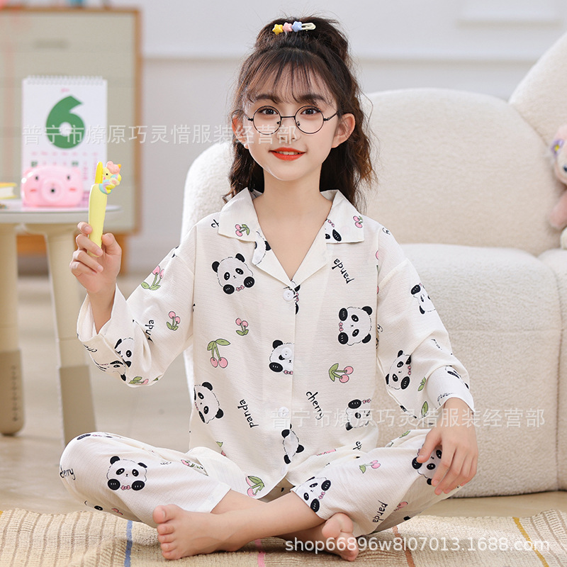 Pijama de niñas primavera y otoño dibujos animados tela espuma de tela delgada manga larga lindo ropa para niños de tamaño medio y grande ropa para el hogar