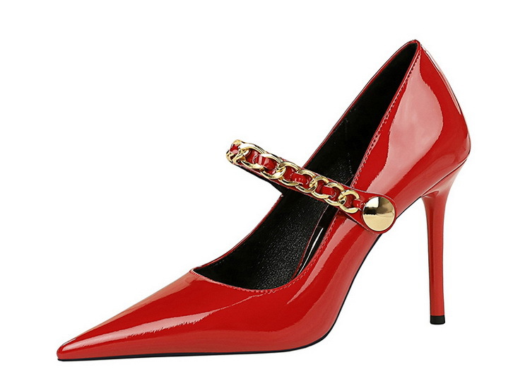 High heels women's shoes slim heels patent leather shallow mouth pointed metal chain line with single shoes_voghion.com