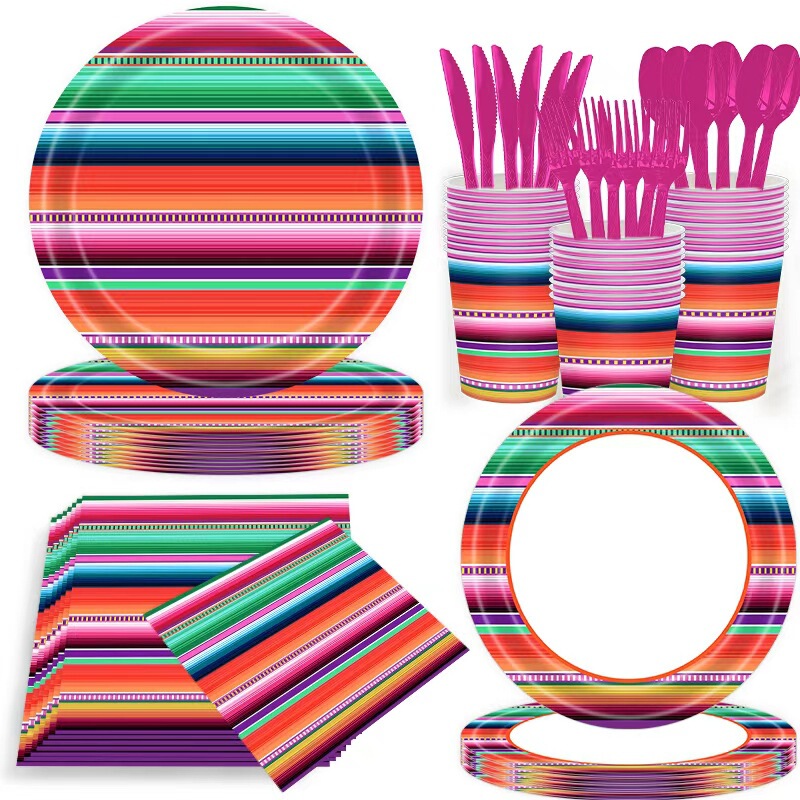 Striped Mexican Party Theme Decorative Tableware Rainbow Striped Holiday Birthday Party Disposable Paper Plates and Cups