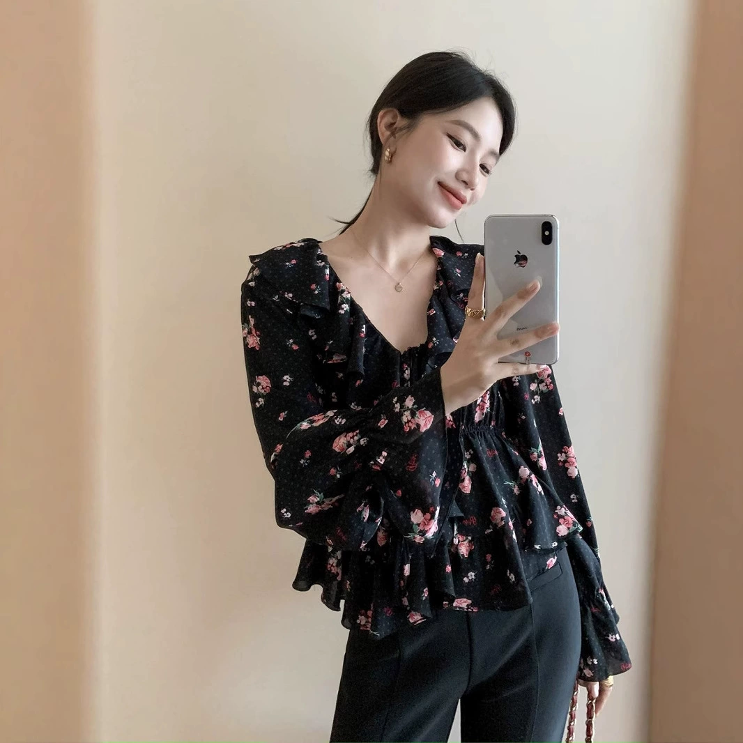 Французский шифоновая рубашка с V-образным вырезом, женский 2025 новый нишевые дизайн