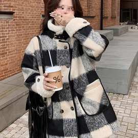 高级感夹棉韩版格子显瘦毛呢外套女新款冬季大码女装遮肉大衣